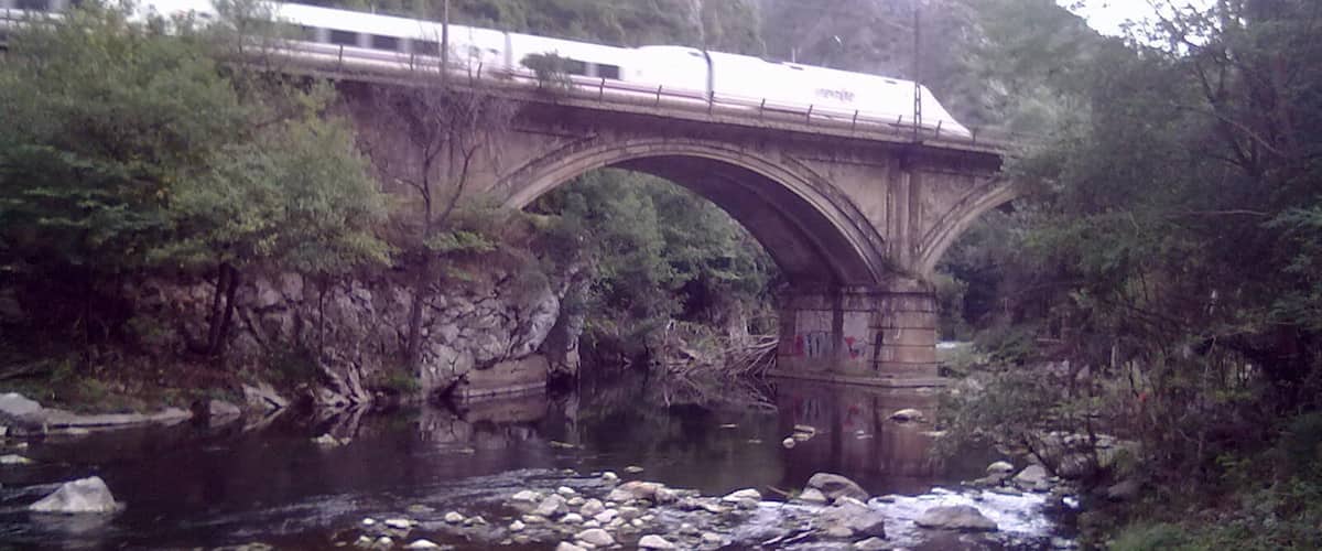 A stone bridge over a river with rocks and trees.