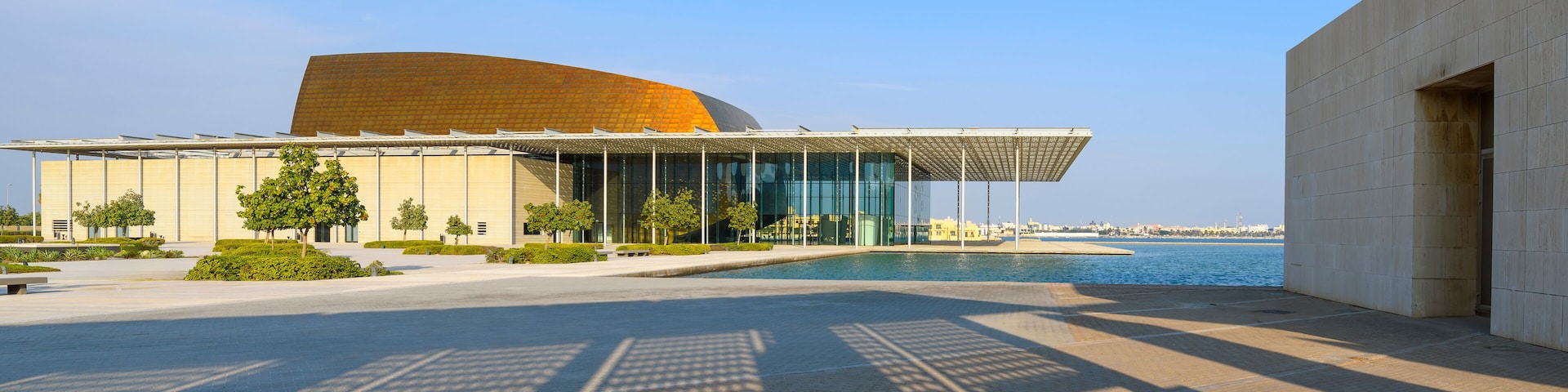 View of the Bahrain National Theater, a waterfront building complex situated next to the Bahrain National Museum, in Manama, Bahrain.