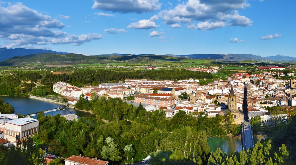 Panorama of Sanguesa city in Spanish Navarre. Aragon river and the city entrance via the bridge are at foreground