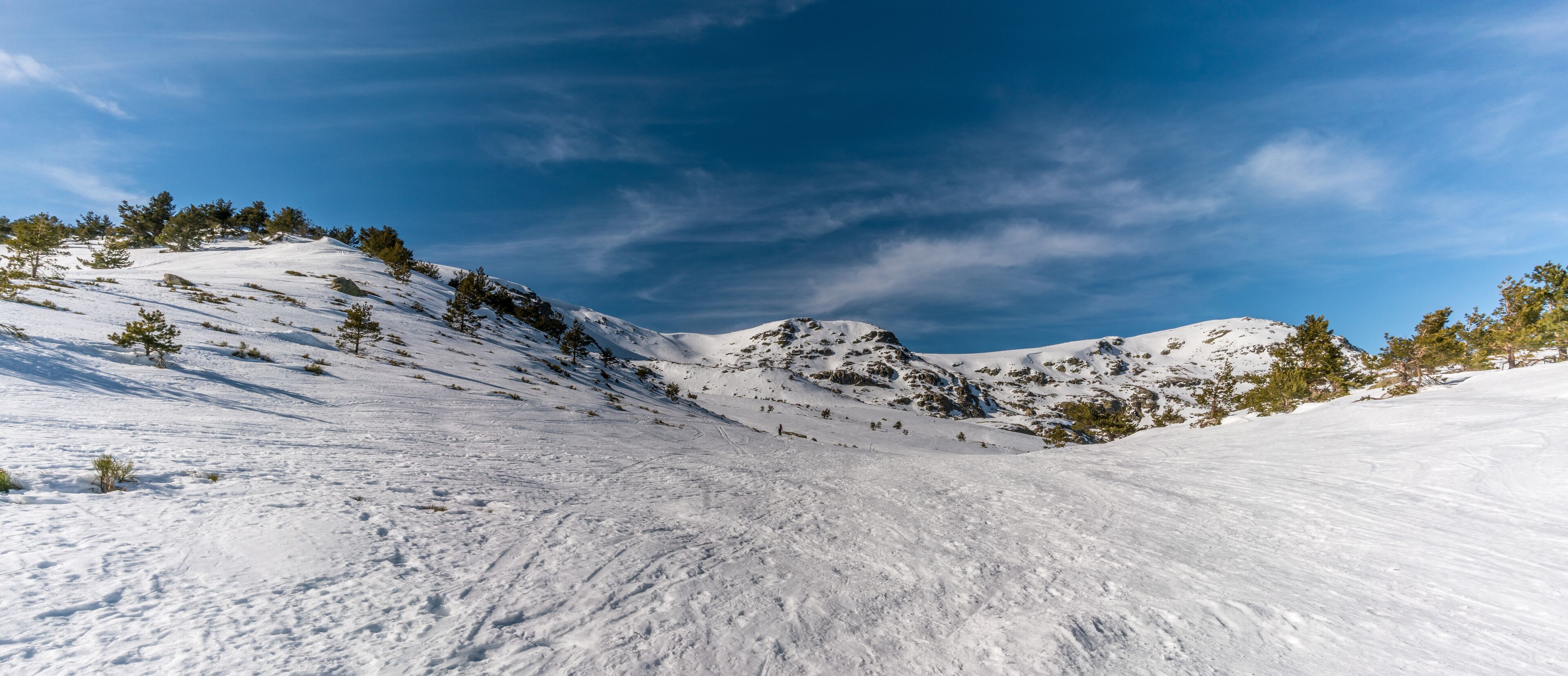 Penalara Natural Park winter scene. "Circo Glaciar" Cirque glacier covered with snow . Located in the Sierra de Guadarrama,  mountainous axis called the Central System, in Madrid Community, Spain