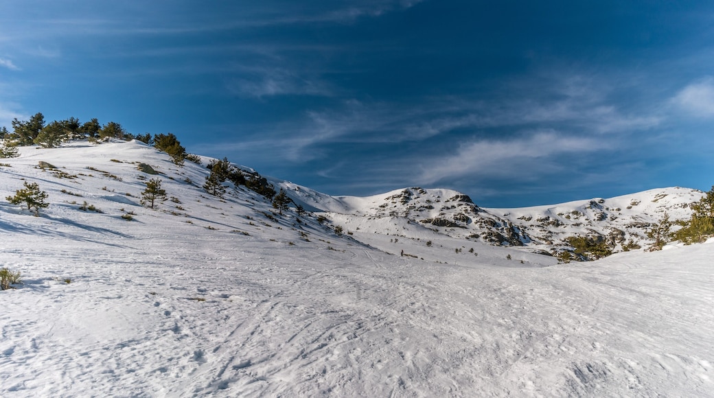 Penalara Natural Park winter scene. "Circo Glaciar" Cirque glacier covered with snow . Located in the Sierra de Guadarrama, mountainous axis called the Central System, in Madrid Community, Spain