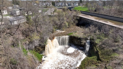 Beautiful waterfall Medina Falls, NY with 40 foot drop over limestone shelf destination for kayakers and tourist who visit this small town in up state New York
