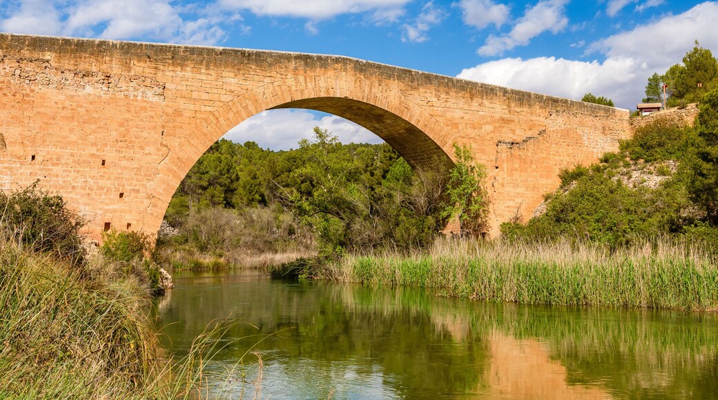 Antique one arch stone bridge over a river the Hoces del Rio Cabriel Natural Park between Valencia and Cuenca in Spain. Protected Area.