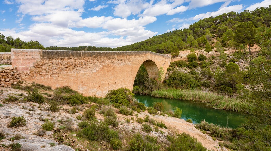 Antique one arch stone bridge over a river the Hoces del Rio Cabriel Natural Park between Valencia and Cuenca in Spain. Protected Area.