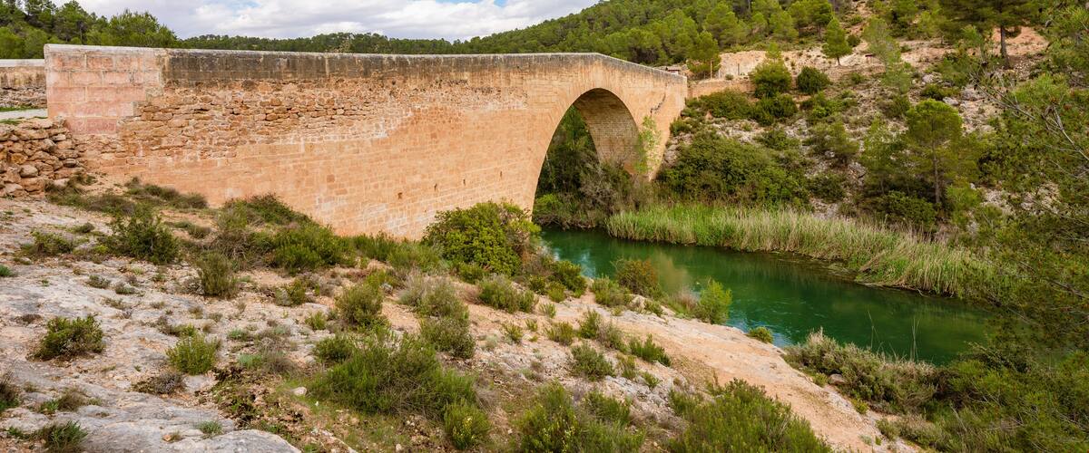 A stone bridge over a river with a forested hillside in the background.