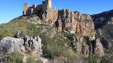 Un castillo histórico en la cima de una colina rocosa, con vegetación escasa.