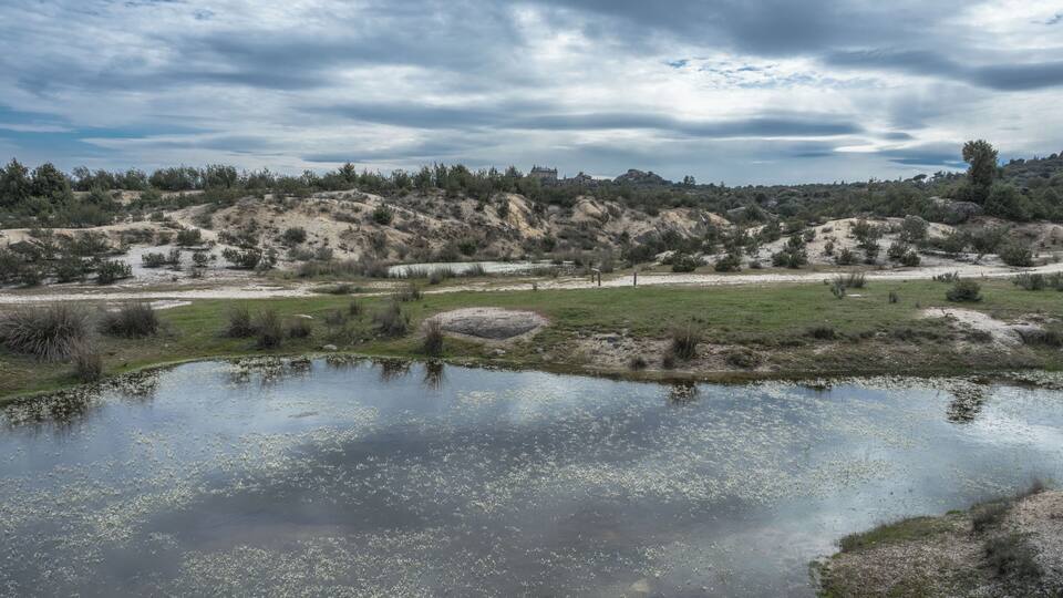 A landscape with a pond, grassy areas, and a hill with sparse vegetation.