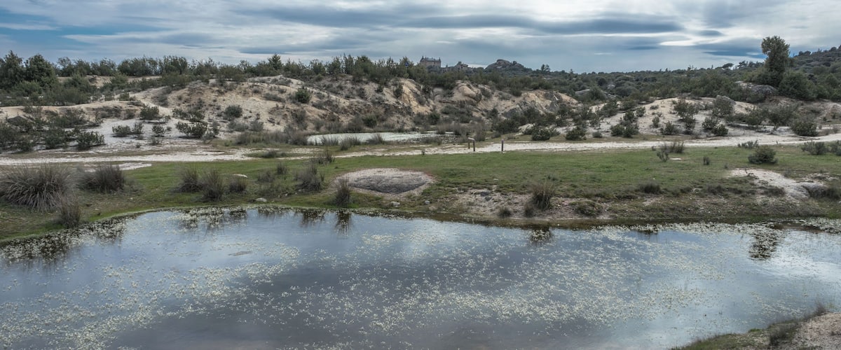 A landscape with a pond, grassy areas, and a hill with sparse vegetation.