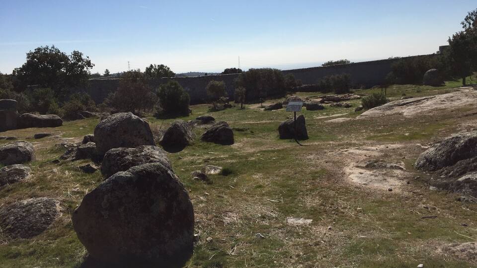 A grassy field with large boulders and a signpost.