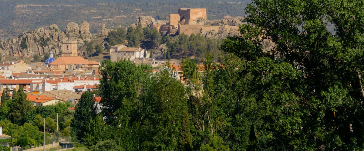A town with historic buildings and wind turbines in the background.