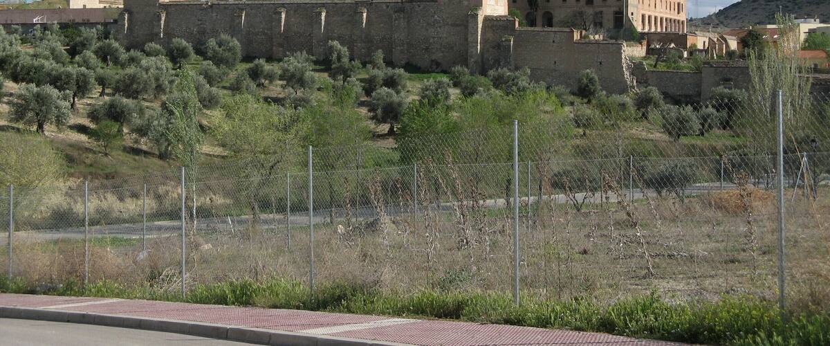 A historic building with a dome and bell tower, surrounded by a stone wall and olive trees.