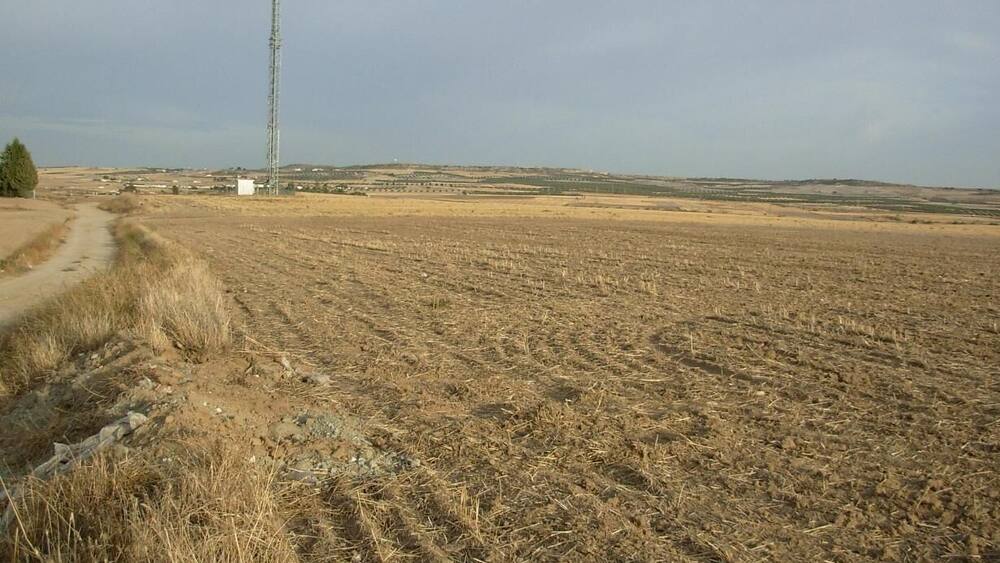 Ein ausgetrocknetes, gepflügtes Feld mit einem hohen Sendeturm in der Ferne.