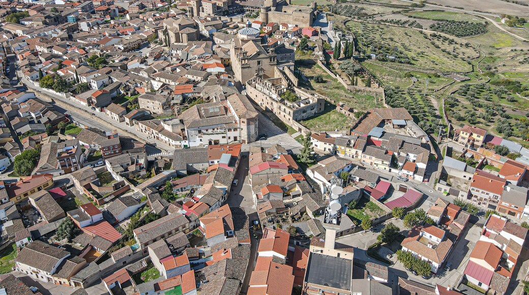 Aerial images of the town of Oropesa in the province of Toledo during a sunny spring day
