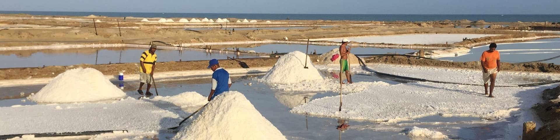 People collect the mineral in the salt ponds of Manaure, up early to avoid the heat. The landscape in this area, measuring 4,200 hectares, is covered by salt hills reflected in water wells.