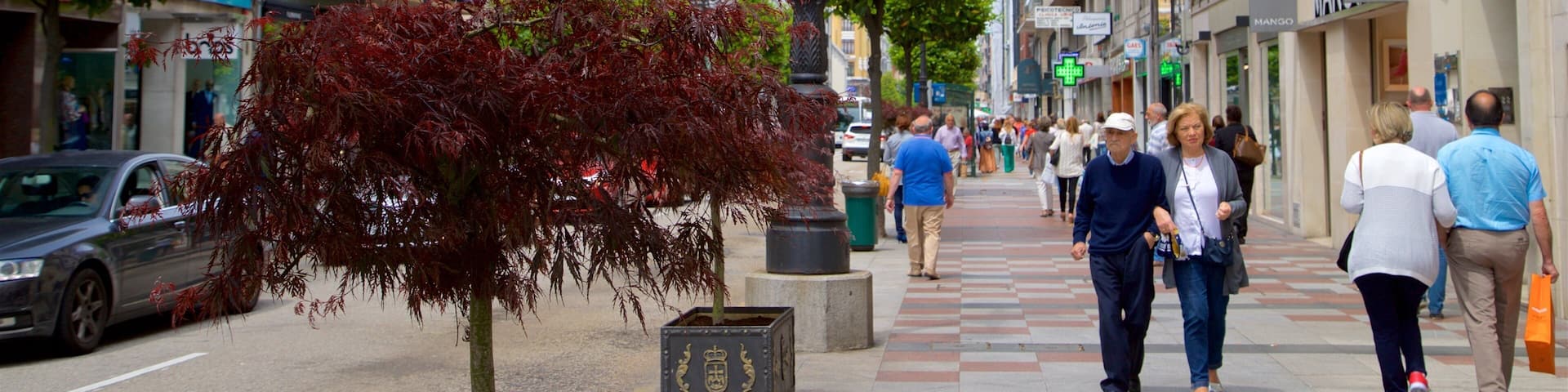 Calle Uria showing street scenes and a city as well as a small group of people