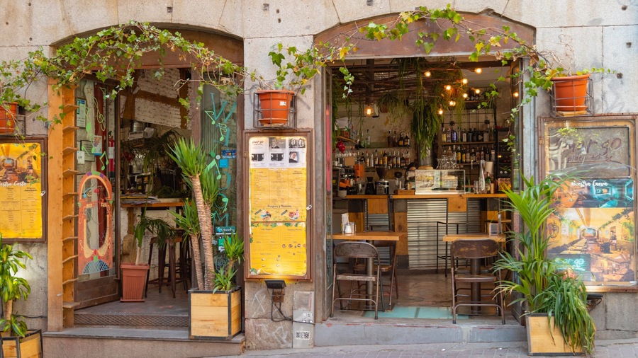 A rustic storefront with wooden shutters, potted plants, and a menu board.