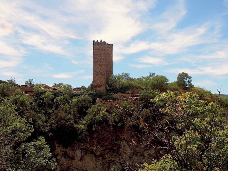 A tall, ancient stone tower on a hill surrounded by dense greenery.