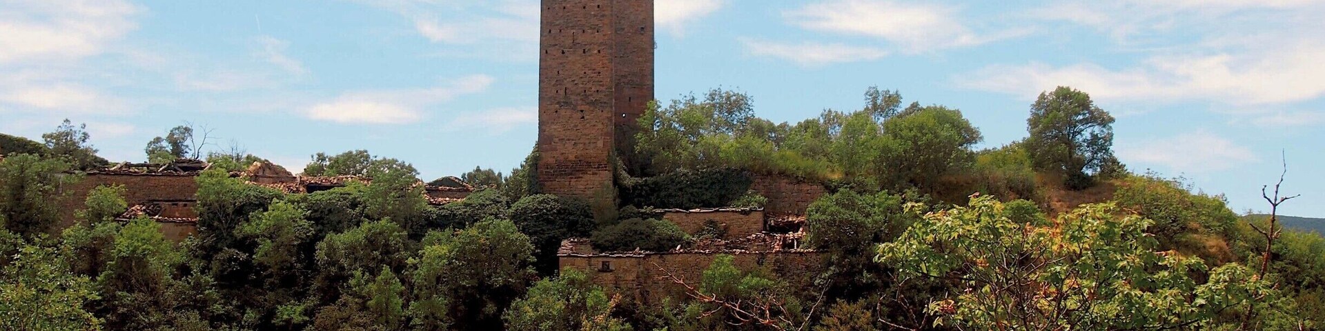 Una torre de piedra alta y antigua en una colina rodeada de abundante vegetación.