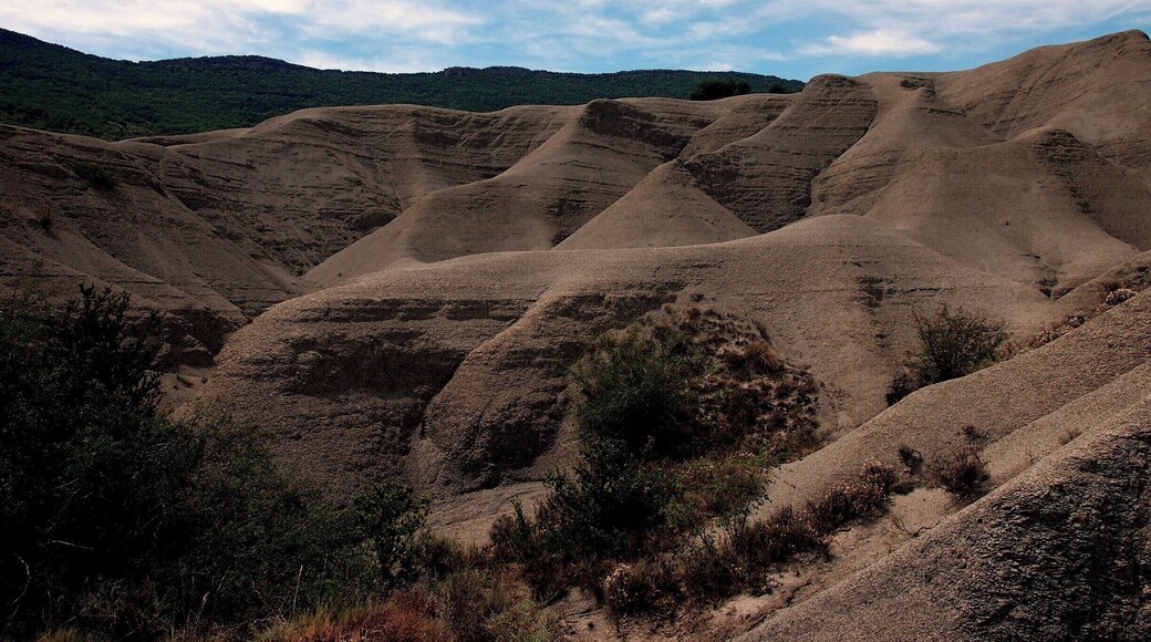 These strange hill formations seem like sand dunes, but are solid rock instead! Their strange shape is due to wind and rain erosion.
#caminodesantiago
DAY 3 - RUESTA http://www.endoftherainbow.net/blogita/giorno5km53ruesta