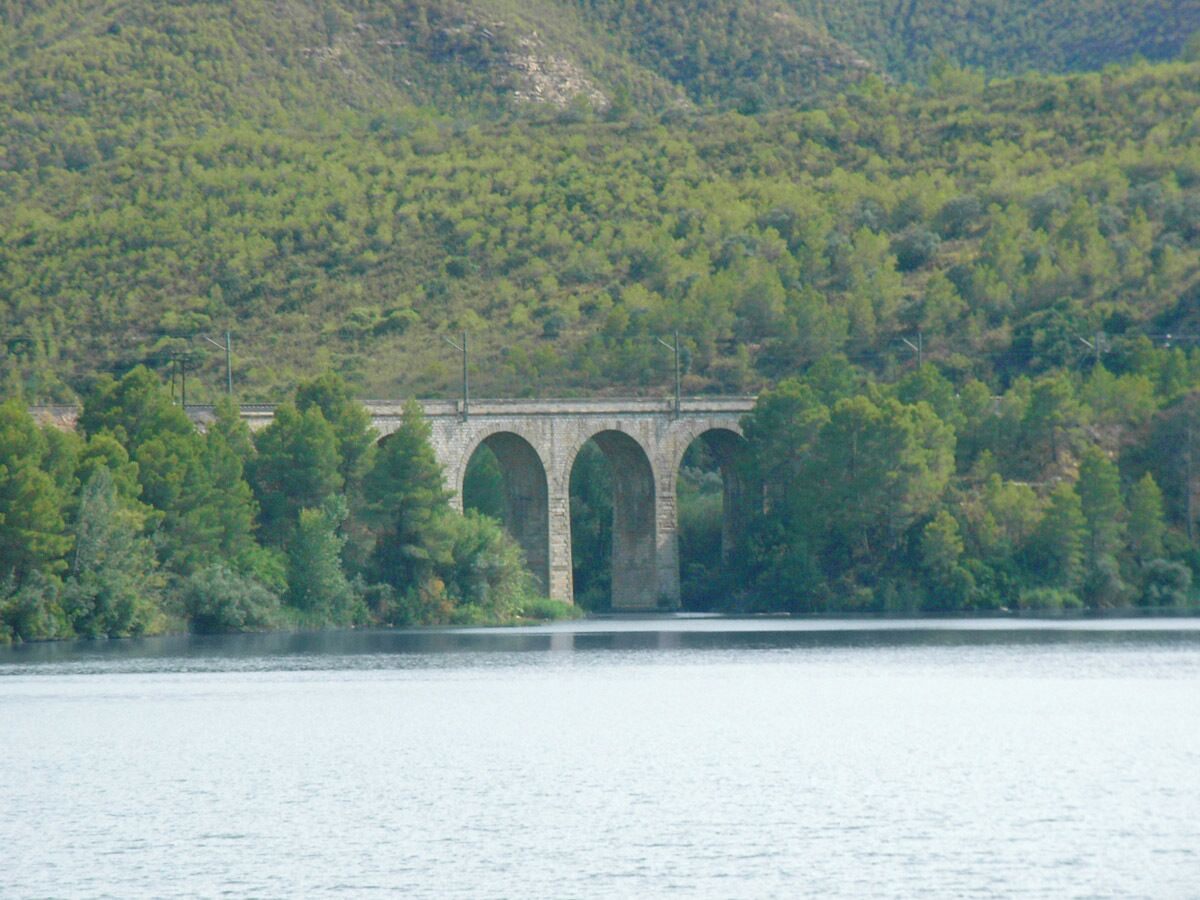 A stone viaduct over a river with a forested hillside in the background.