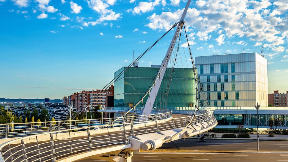 Suspension pedestrian bridge at Zaragoza-Delicias station, Spain; Shutterstock ID 525761836