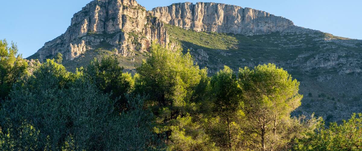 A mountain with rocky cliffs and green vegetation.