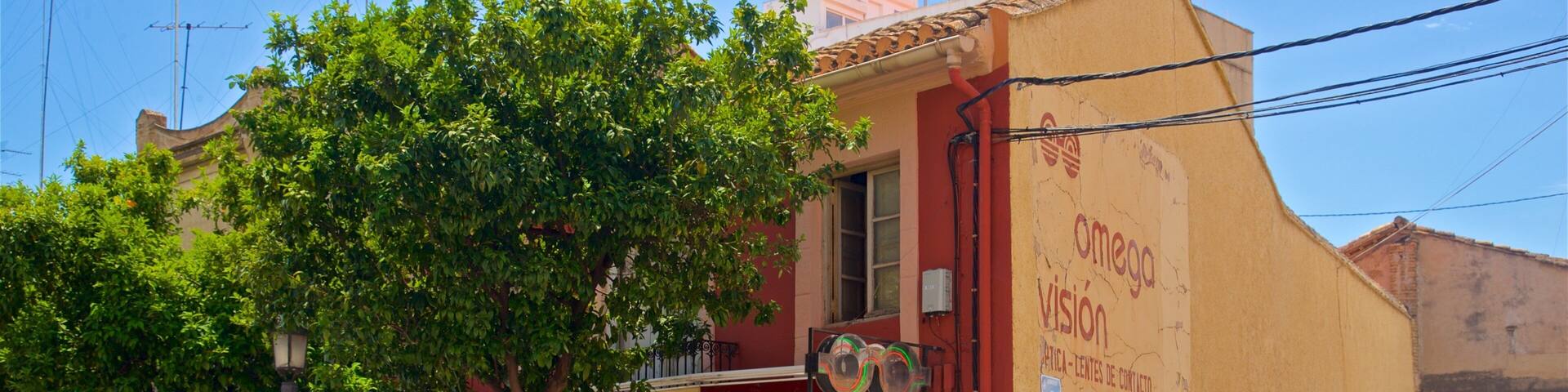 A street with a red car parked on the side, a sign for 'Omega Vision' on a building, and a tree in front of the building.