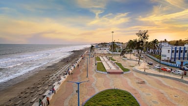 Uma praia com calçadão, palmeiras e edifícios ao fundo.
