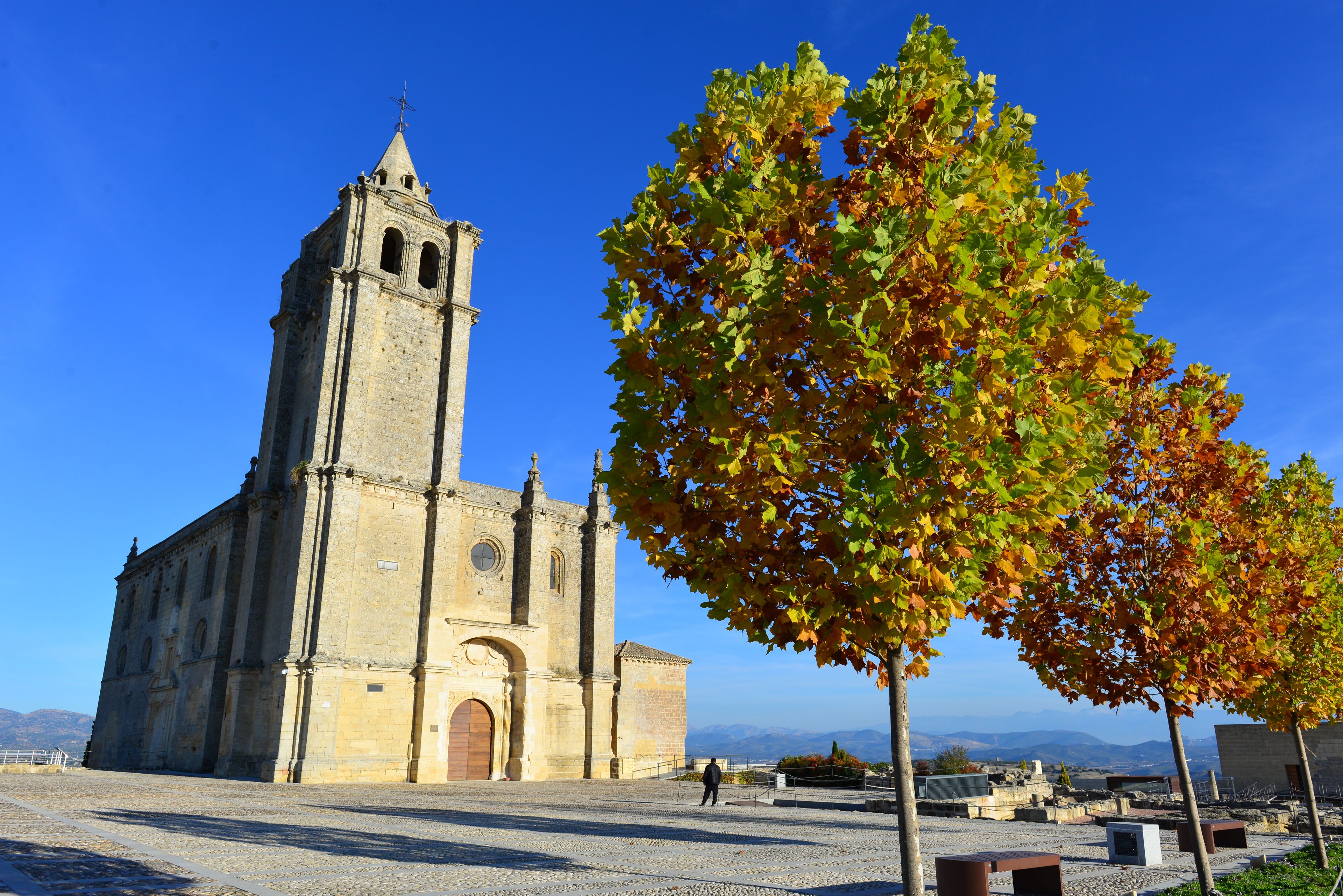 Una iglesia histórica con un campanario, rodeada por una plaza adoquinada y follaje otoñal.