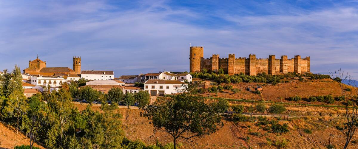 A historic castle with multiple towers and a town with white buildings in the foreground.