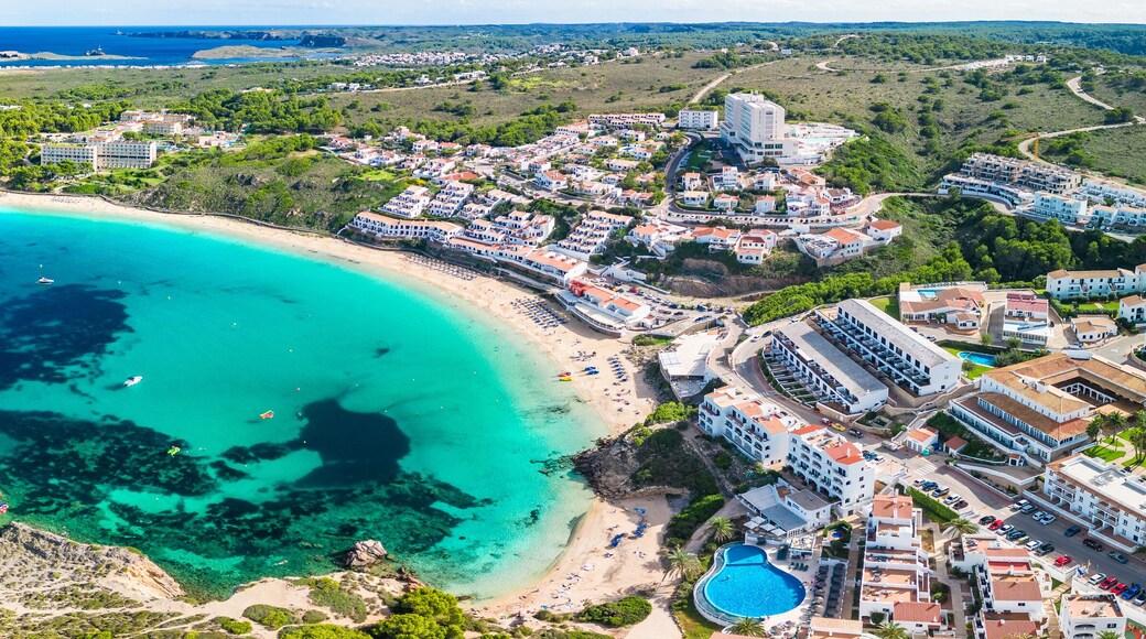 Areal drone view of the Arenal d'en Castell beach on Menorca island, Spain