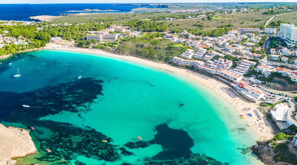 Areal drone view of the Arenal d'en Castell beach on Menorca island, Spain