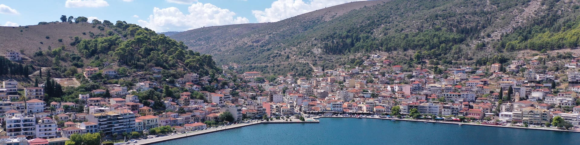 Aerial drone photo of small seaside town of Amfilochia in Ambracian gulf, central Greece
