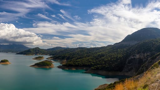 Panoramic afternoon view of the artificial lake of Kremaston, in Central Greece, in the regions of Etoloakarnania and Evritania. It was created in the late 1960's after the dam construction.