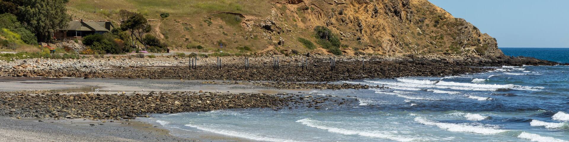 The myponga beach and jetty ruins on the fleurieu peninsula south australia on 26th October 2021