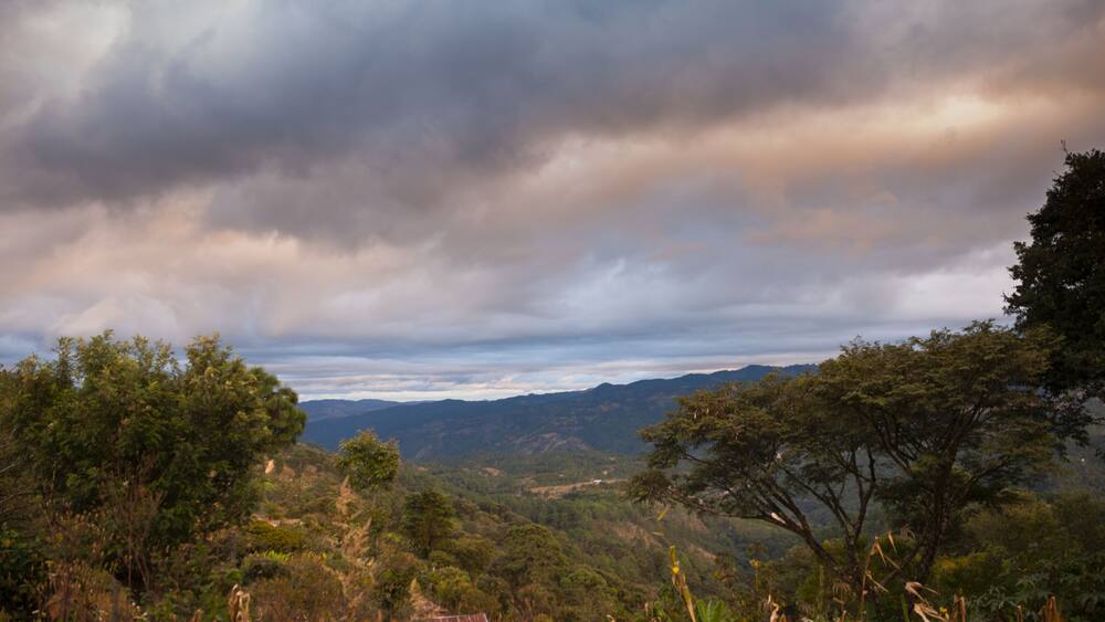 Eine gebirgige Landschaft mit dichter Vegetation und einem bewölkten Himmel.