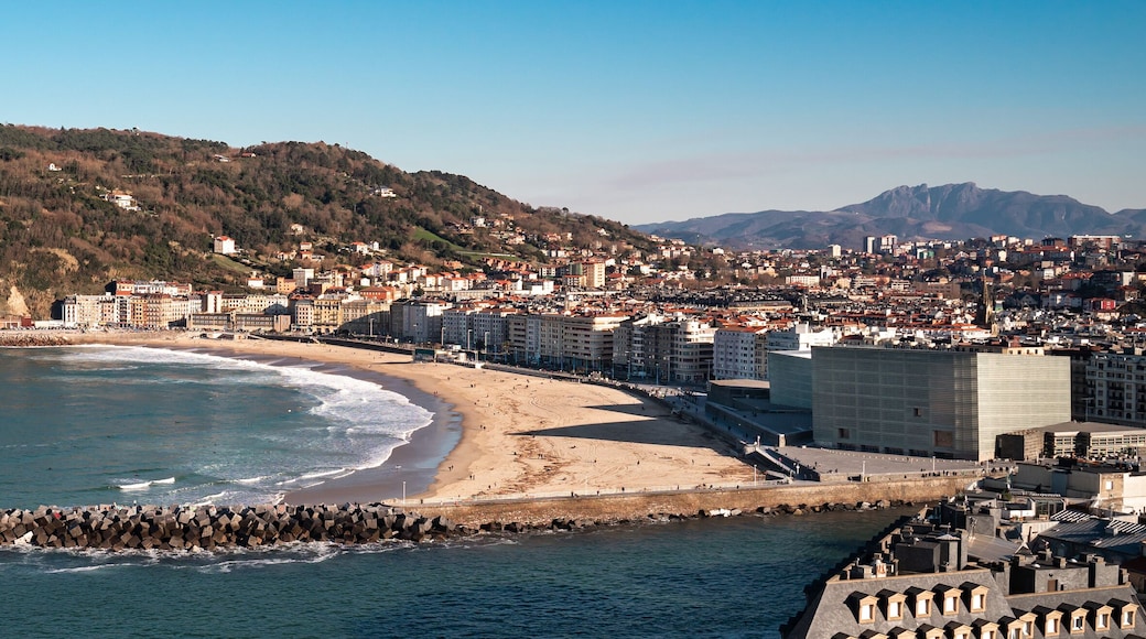 Panoramic view of Zurriola Beach in San Sebastian, Donostia, Spain.