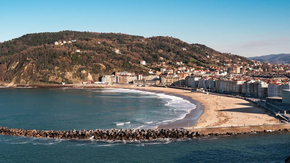 Panoramic view of Zurriola Beach in San Sebastian, Donostia, Spain.