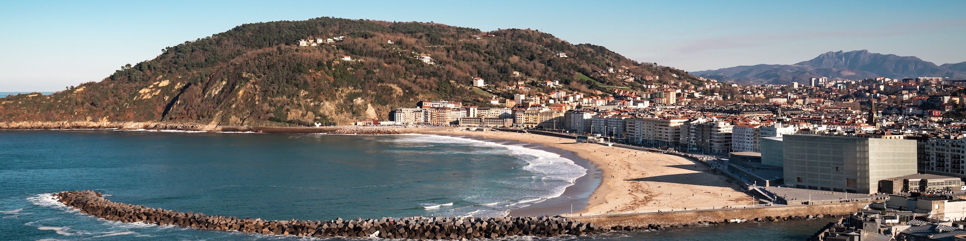Panoramic view of Zurriola Beach in San Sebastian, Donostia, Spain.