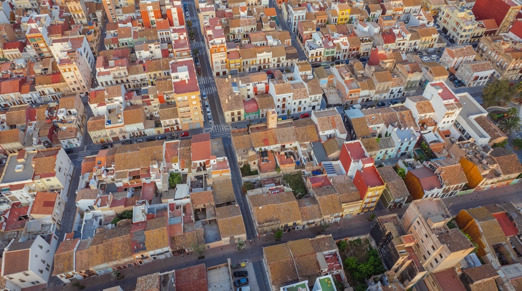 Aerial view building blocks in a Crowded Residential Area, El Cabanyal, Valencia, Spain.