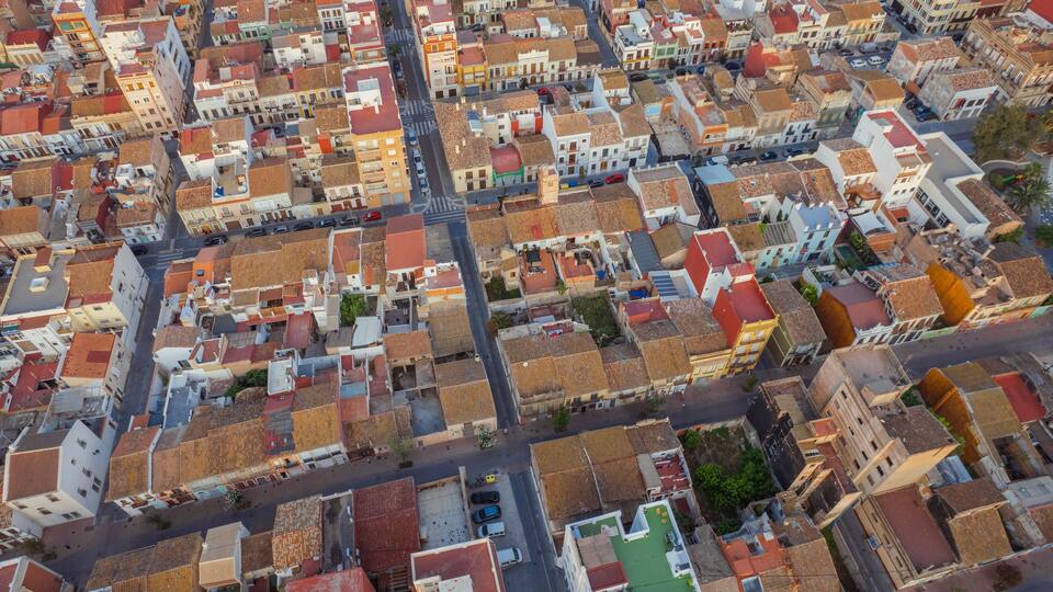 Aerial view building blocks in a Crowded Residential Area, El Cabanyal, Valencia, Spain.