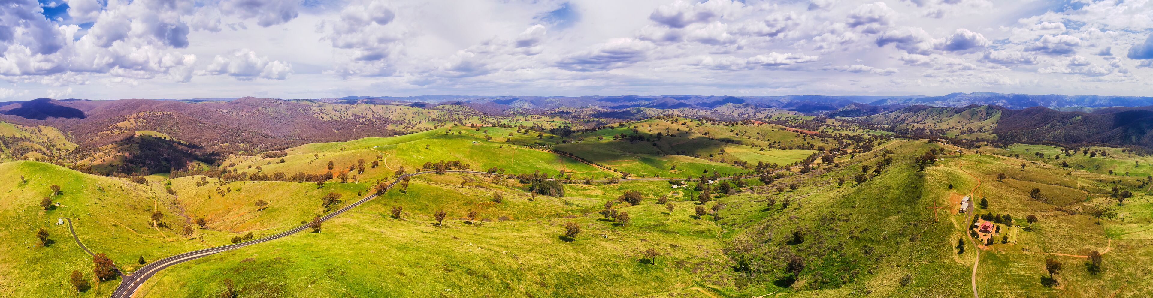 A winding road through rolling green hills with scattered trees and distant mountains under a partly cloudy sky.