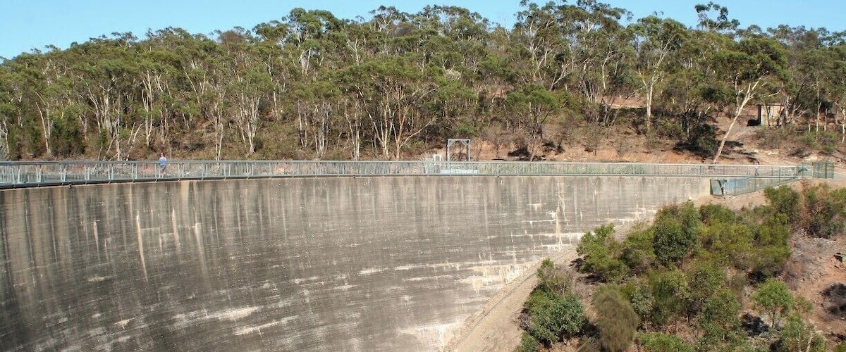 A large dam with a concrete spillway and a forested area in the background.