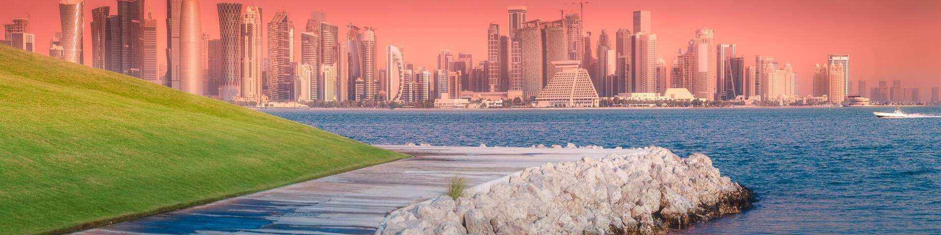 Skyline of West Bay and stony bank Doha, Qatar