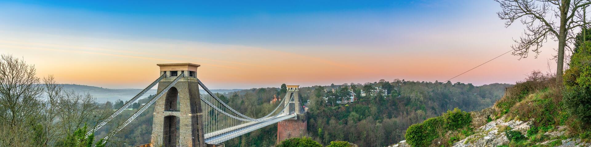 Clifton suspension bridge panorama at sunrise in Bristol, England
