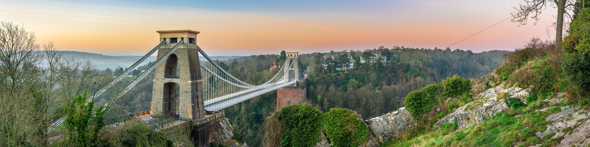 Clifton suspension bridge panorama at sunrise in Bristol, England