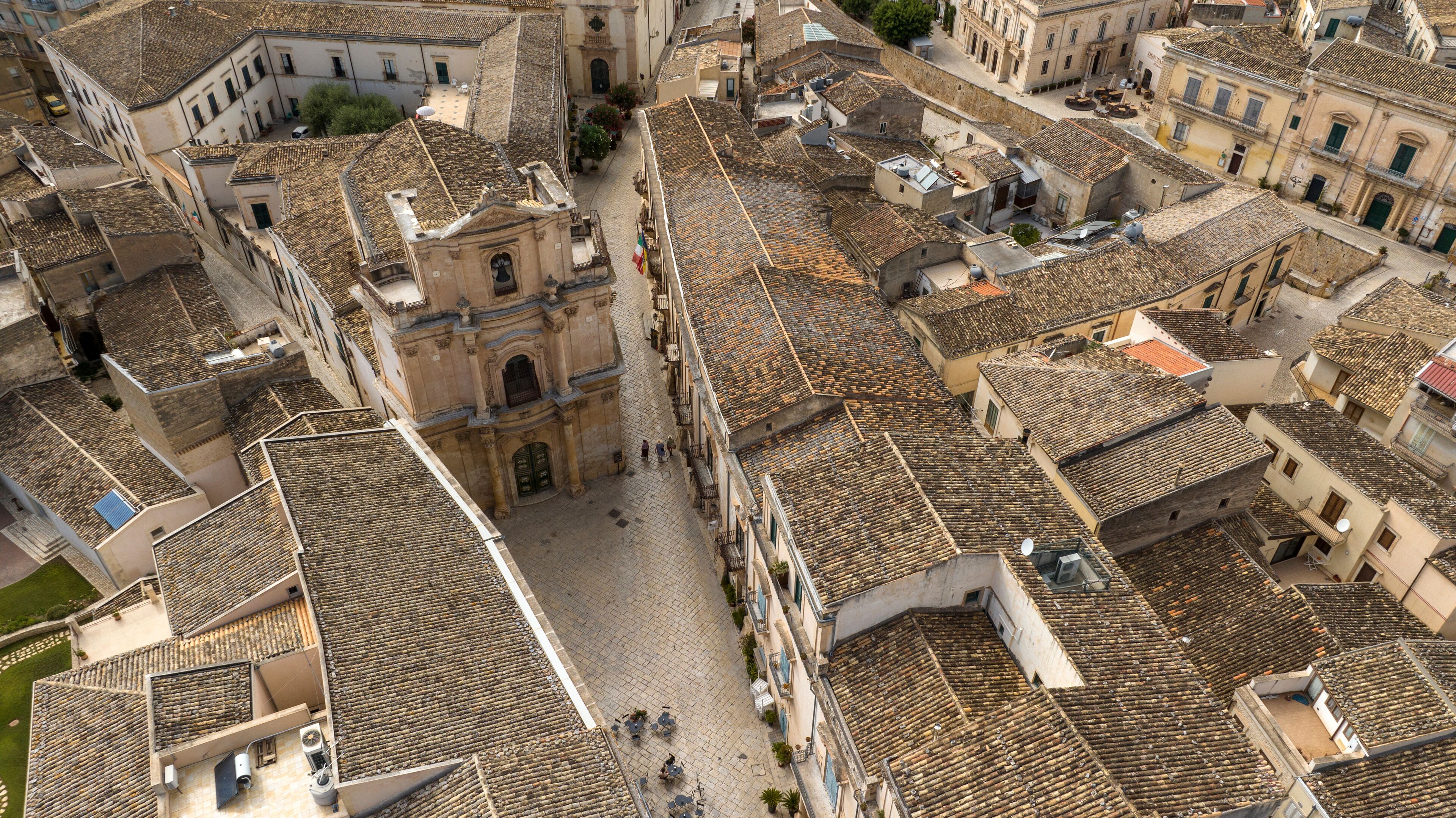 Aerial view of the Church of San Michele Arcangelo, located in Scicli, a town in the province of Ragusa, Sicily, Italy. This church is located in the historic center of the city.