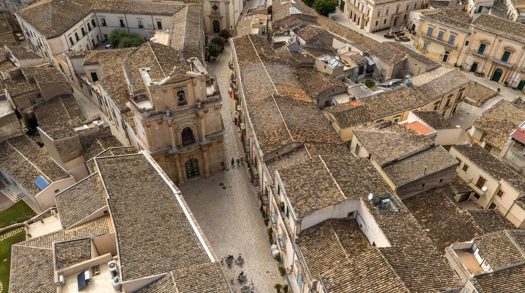 Aerial view of the Church of San Michele Arcangelo, located in Scicli, a town in the province of Ragusa, Sicily, Italy. This church is located in the historic center of the city.