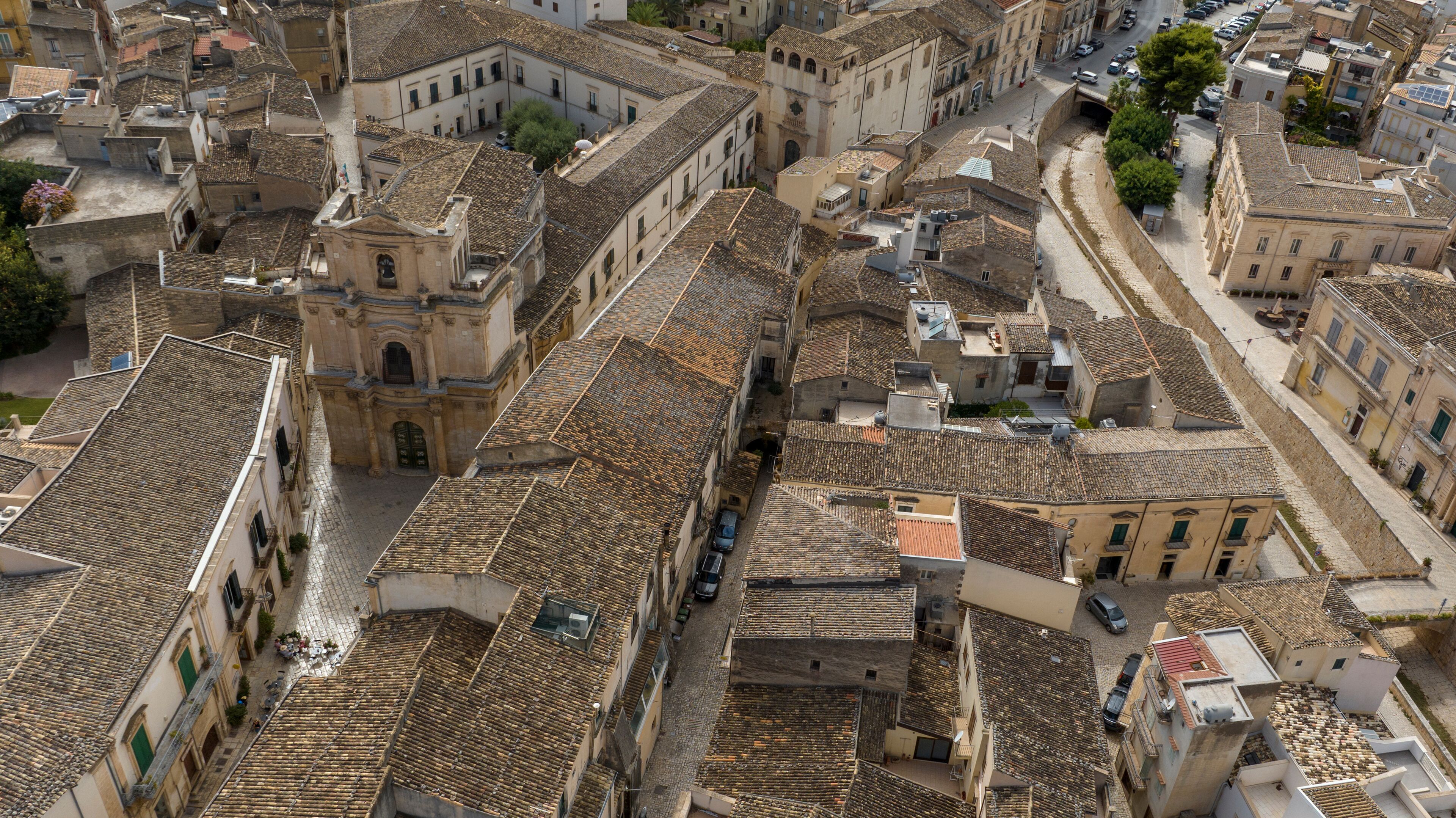 Aerial view of the Church of San Michele Arcangelo, located in Scicli, a town in the province of Ragusa, Sicily, Italy. This church is located in the historic center of the city.