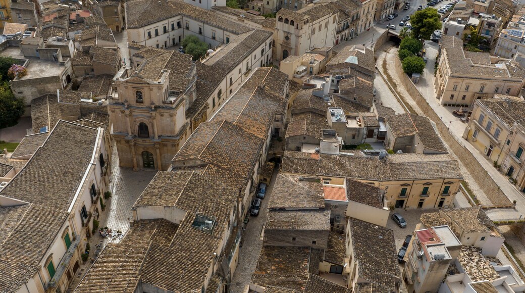 Aerial view of the Church of San Michele Arcangelo, located in Scicli, a town in the province of Ragusa, Sicily, Italy. This church is located in the historic center of the city.